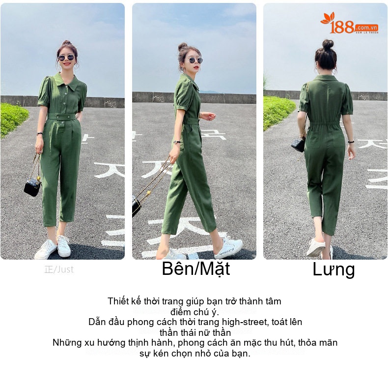 Jumpsuit Nữ Tay Ngắn Thiết Kế Dáng Rộng Eo Chun Phong Cách Công Sở Màu Xanh Lá, Đen chi tiết 3