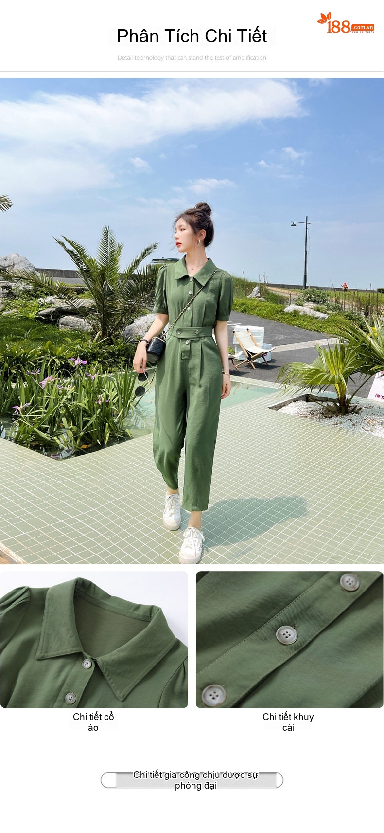 Jumpsuit Nữ Tay Ngắn Thiết Kế Dáng Rộng Eo Chun Phong Cách Công Sở Màu Xanh Lá, Đen chi tiết 4
