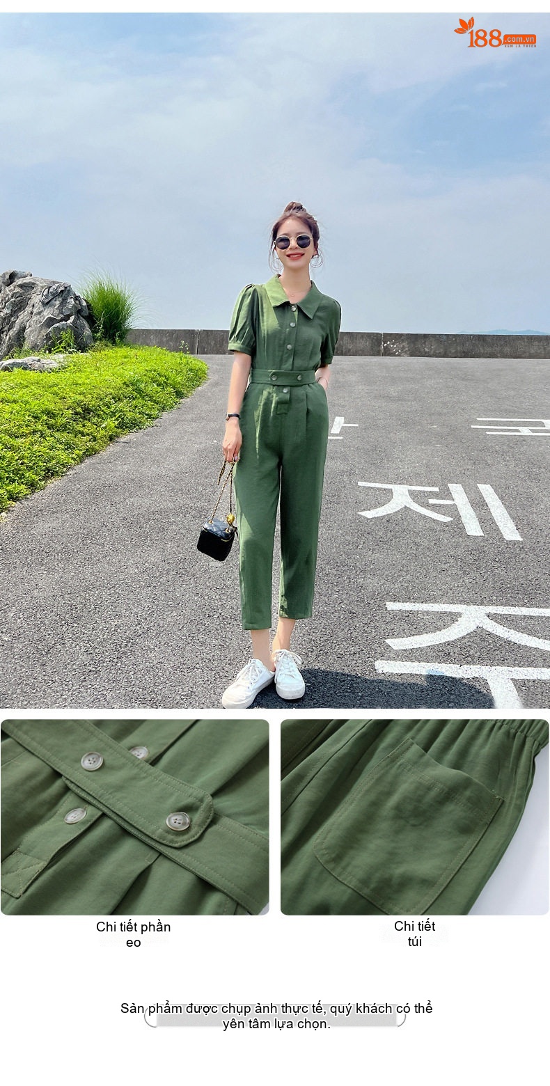 Jumpsuit Nữ Tay Ngắn Thiết Kế Dáng Rộng Eo Chun Phong Cách Công Sở Màu Xanh Lá, Đen chi tiết 5