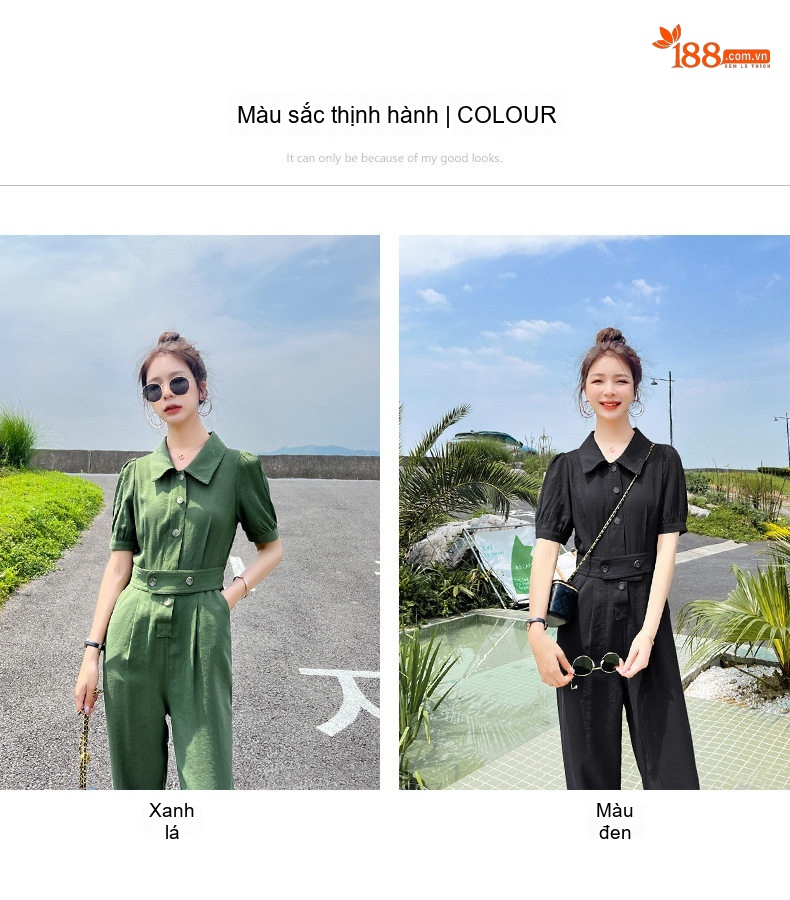 Jumpsuit Nữ Tay Ngắn Thiết Kế Dáng Rộng Eo Chun Phong Cách Công Sở Màu Xanh Lá, Đen chi tiết 6