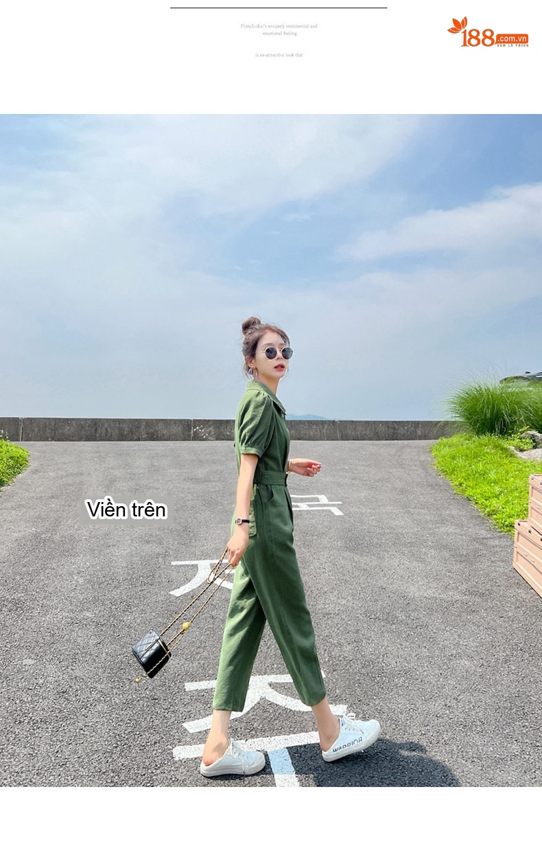 Jumpsuit Nữ Tay Ngắn Thiết Kế Dáng Rộng Eo Chun Phong Cách Công Sở Màu Xanh Lá, Đen chi tiết 23