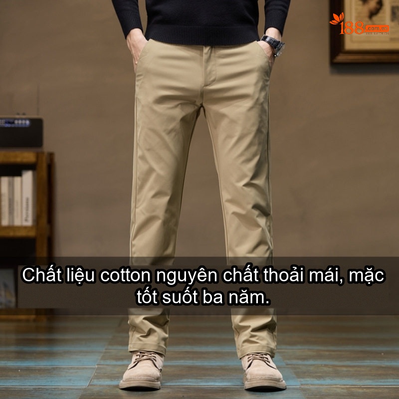 Quần Âu Nam Cotton Dáng Suông Dài Mặc Thoải Mái Lót Lông Màu Đen, Kem, Xám