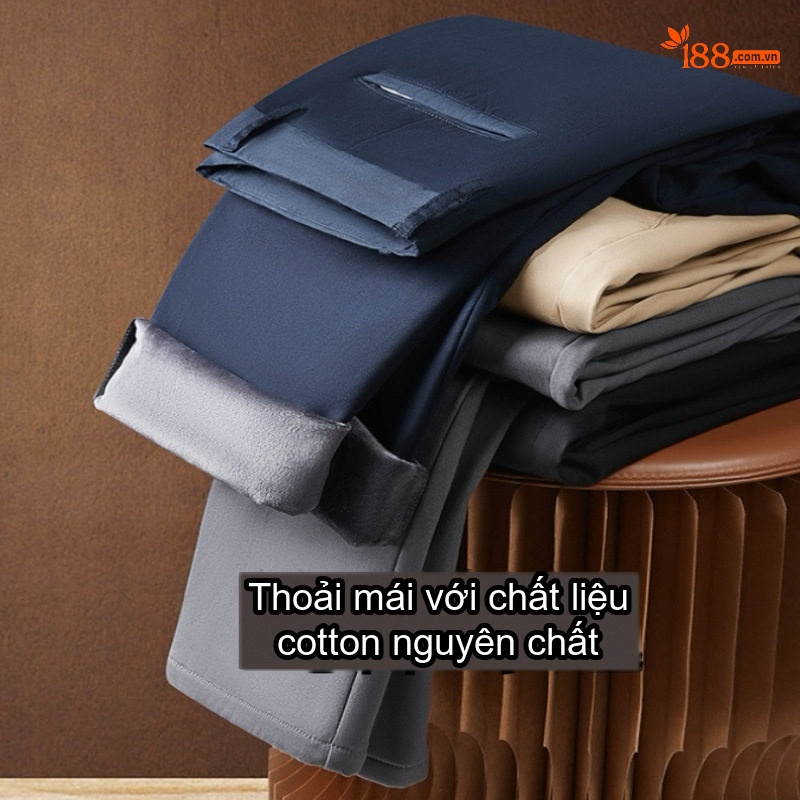 Quần Âu Nam Cotton Dáng Suông Dài Mặc Thoải Mái Lót Lông Màu Đen, Kem, Xám