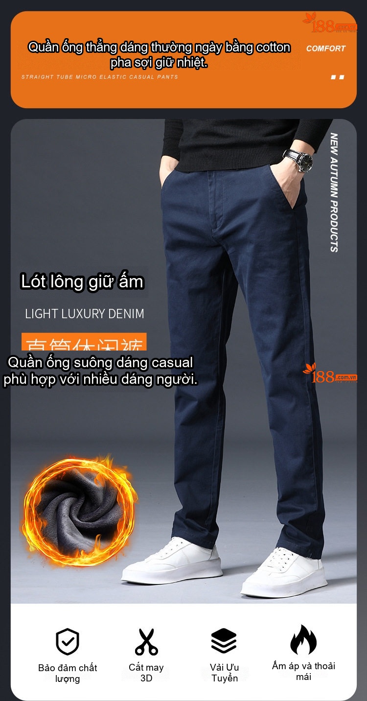 Quần Âu Nam Cotton Dáng Suông Dài Mặc Thoải Mái Lót Lông Màu Đen, Kem, Xám chi tiết 2