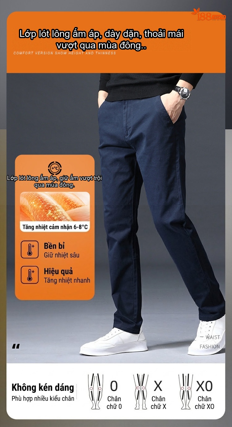 Quần Âu Nam Cotton Dáng Suông Dài Mặc Thoải Mái Lót Lông Màu Đen, Kem, Xám chi tiết 3
