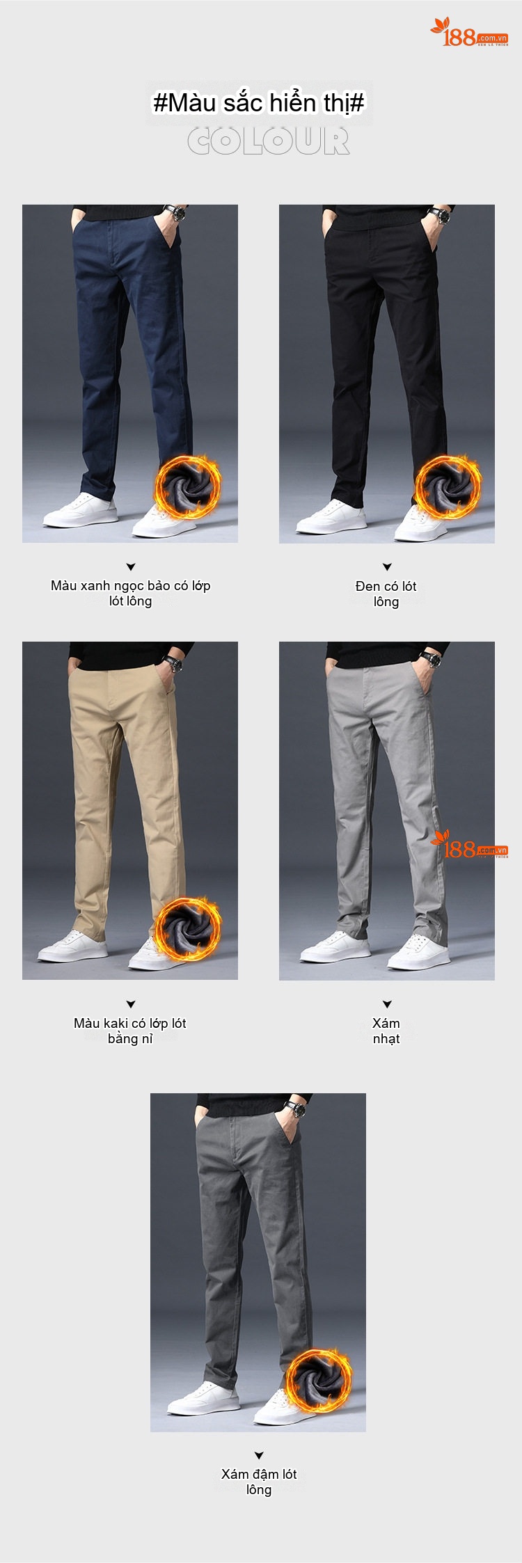 Quần Âu Nam Cotton Dáng Suông Dài Mặc Thoải Mái Lót Lông Màu Đen, Kem, Xám chi tiết 9