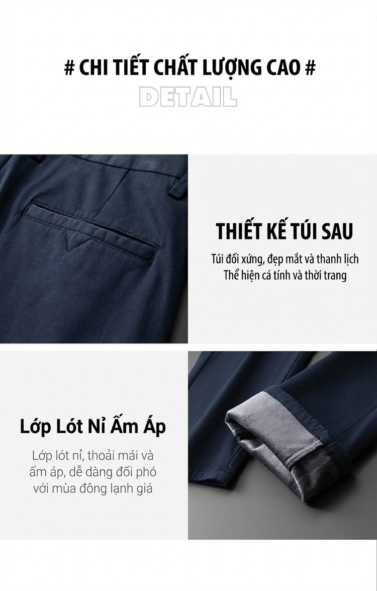 Quần Âu Nam Cotton Dáng Suông Dài Mặc Thoải Mái Lót Lông Màu Đen, Kem, Xám chi tiết 10