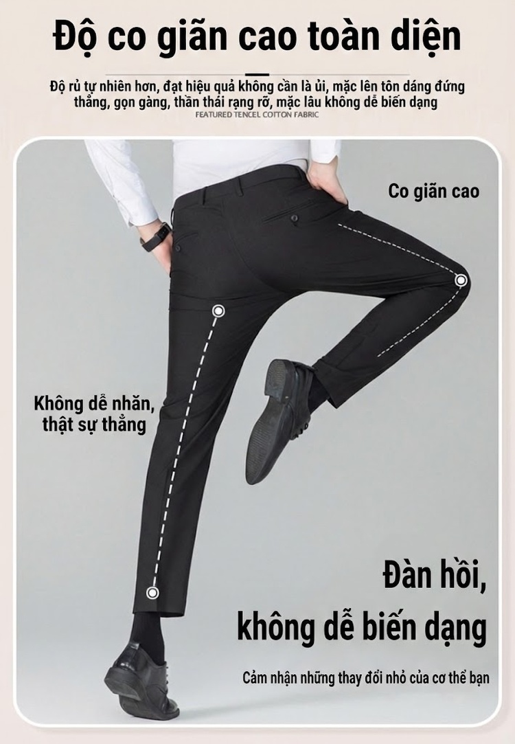 Quần Âu Nam Dáng Ôm Vừa Vải Co Giãn Không Nhăn Màu Đen, Xám, Xanh Navy chi tiết 4