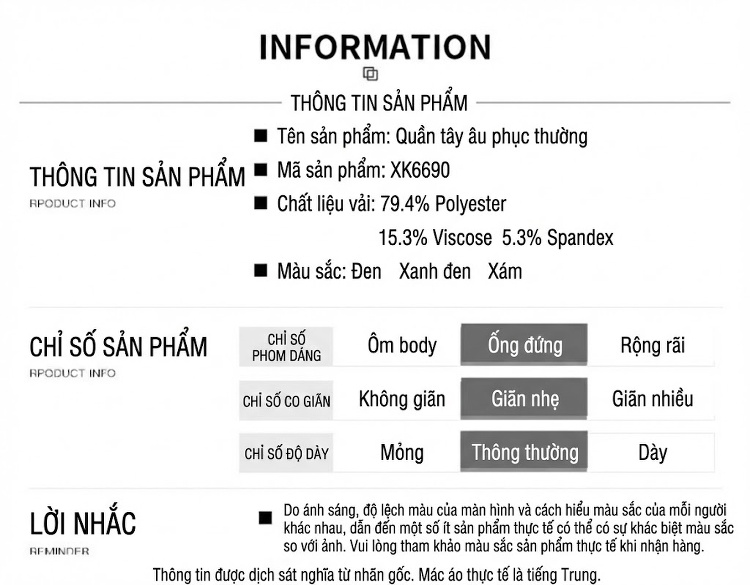Quần Âu Nam Dáng Ôm Vừa Vải Co Giãn Không Nhăn Màu Đen, Xám, Xanh Navy chi tiết 10