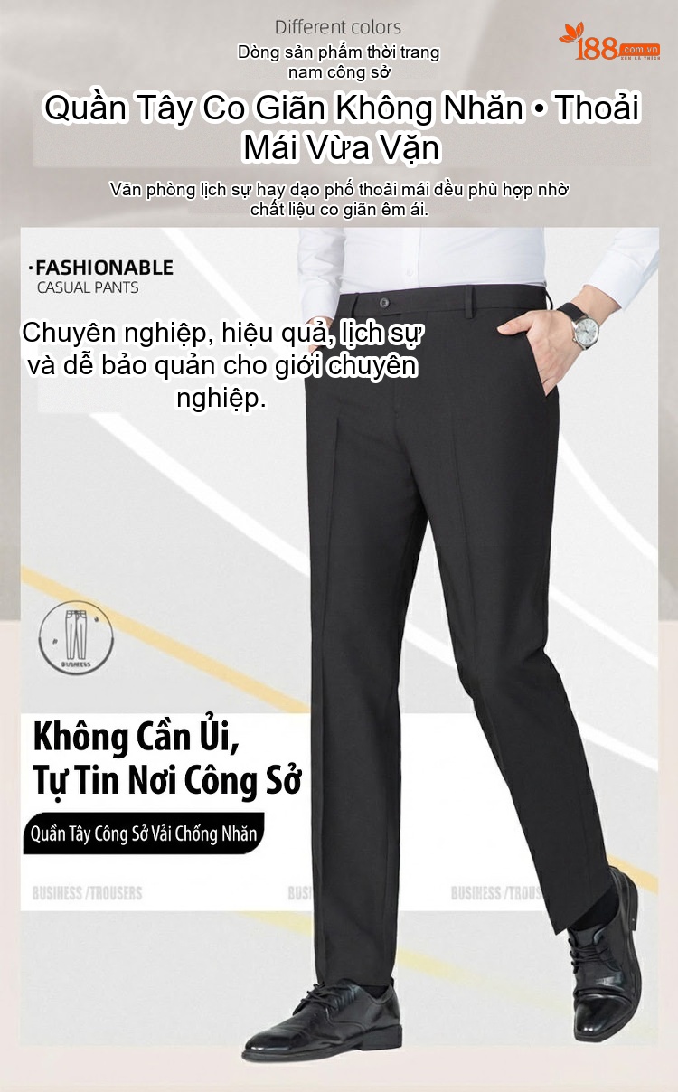 Quần Âu Nam Dáng Ôm Vừa Vải Co Giãn Không Nhăn Màu Đen, Xám, Xanh Navy chi tiết 1