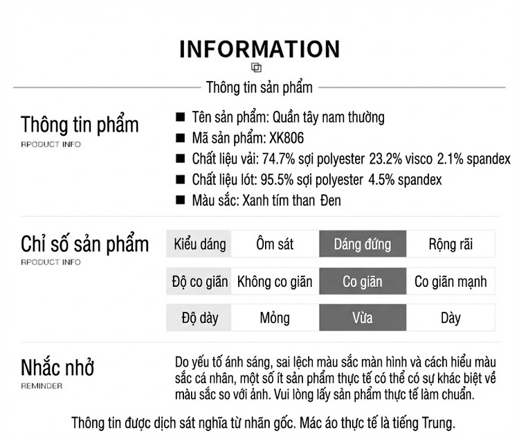 Quần Âu Nam Dáng Ôm Vừa Vặn Lót Lông Giữ Ấm Màu Đen, Xanh Navy chi tiết 11
