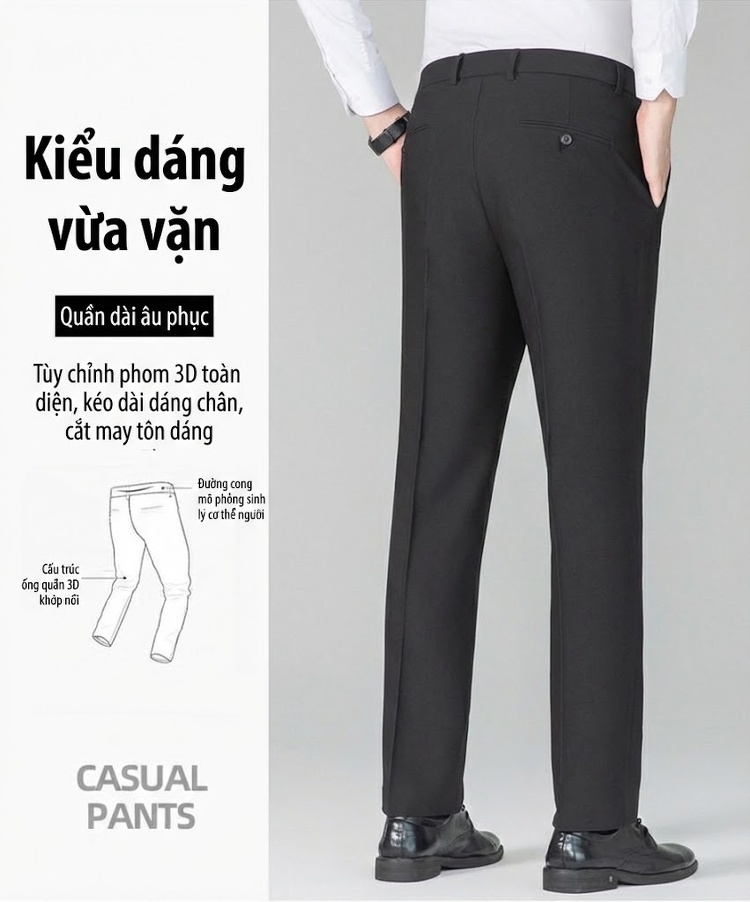 Quần Âu Nam Dáng Suông Co Giãn Chống Nhăn Không Cần Ủi Màu Đen, Xanh Navy, Xám chi tiết 6