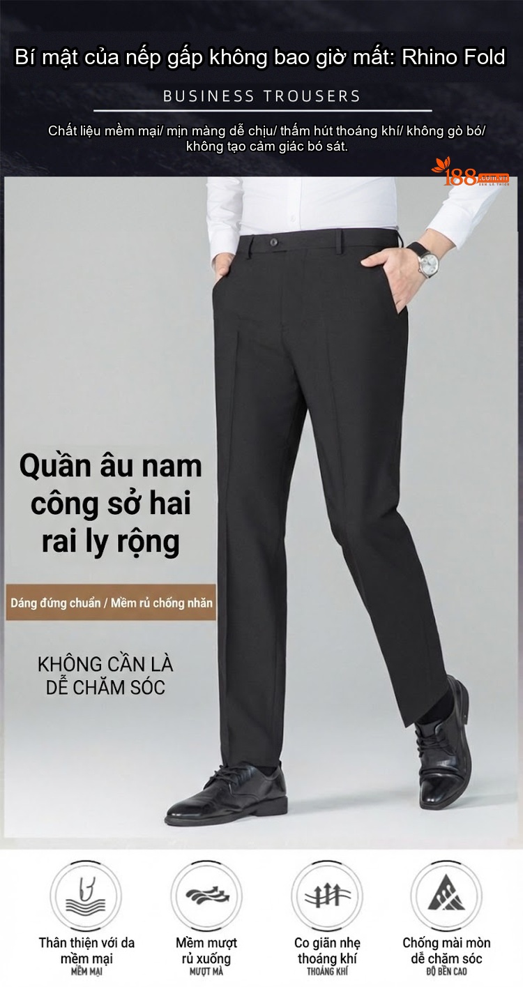 Quần Âu Nam Dáng Suông Co Giãn Chống Nhăn Không Cần Ủi Màu Đen, Xanh Navy, Xám chi tiết 1