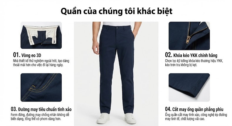Quần Âu Nam Dáng Suông Co Giãn Chống Nhăn Phong Cách Thu Đông Màu Đen, Xanh Navy chi tiết 6