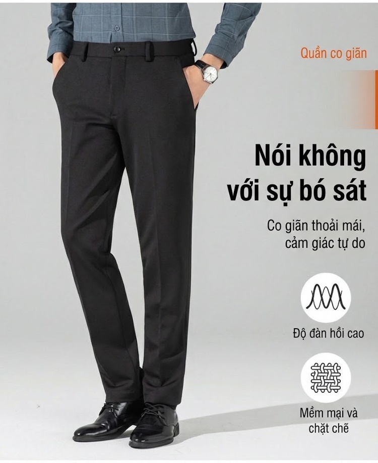 Quần Âu Nam Dáng Suông Co Giãn Thoải Mái Không Nhăn Màu Đen chi tiết 3