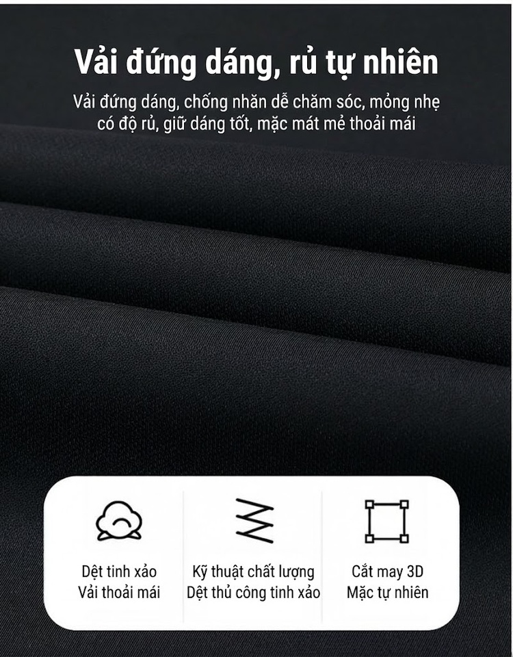 Quần Âu Nam Dáng Suông Dài Vải Dày Dặn Chống Nhăn Màu Đen chi tiết 4