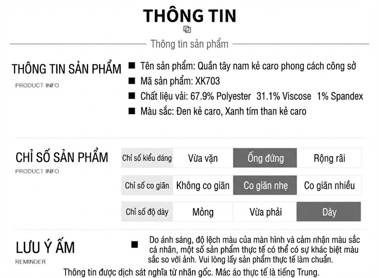 Quần Âu Nam Dáng Suông Kẻ Caro Co Giãn Chống Nhăn Màu Xám Đậm chi tiết 7