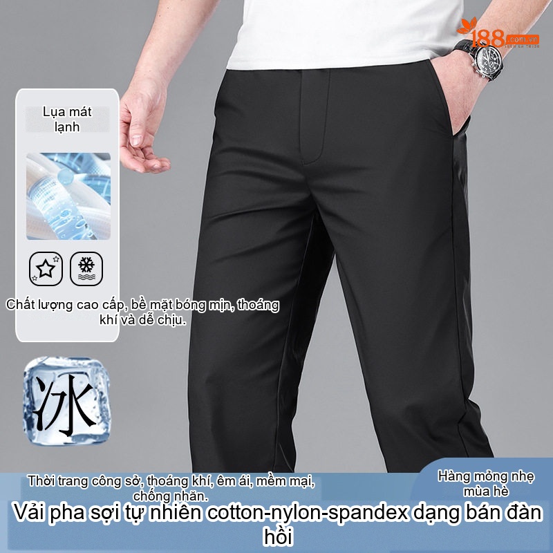 Quần Âu Nam Dáng Suông Lửng Co Giãn Nhẹ Lưng Thun Mùa Hè Màu Đen, Xám