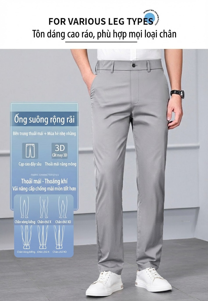 Quần Âu Nam Dáng Suông Lửng Co Giãn Nhẹ Lưng Thun Mùa Hè Màu Đen, Xám chi tiết 4