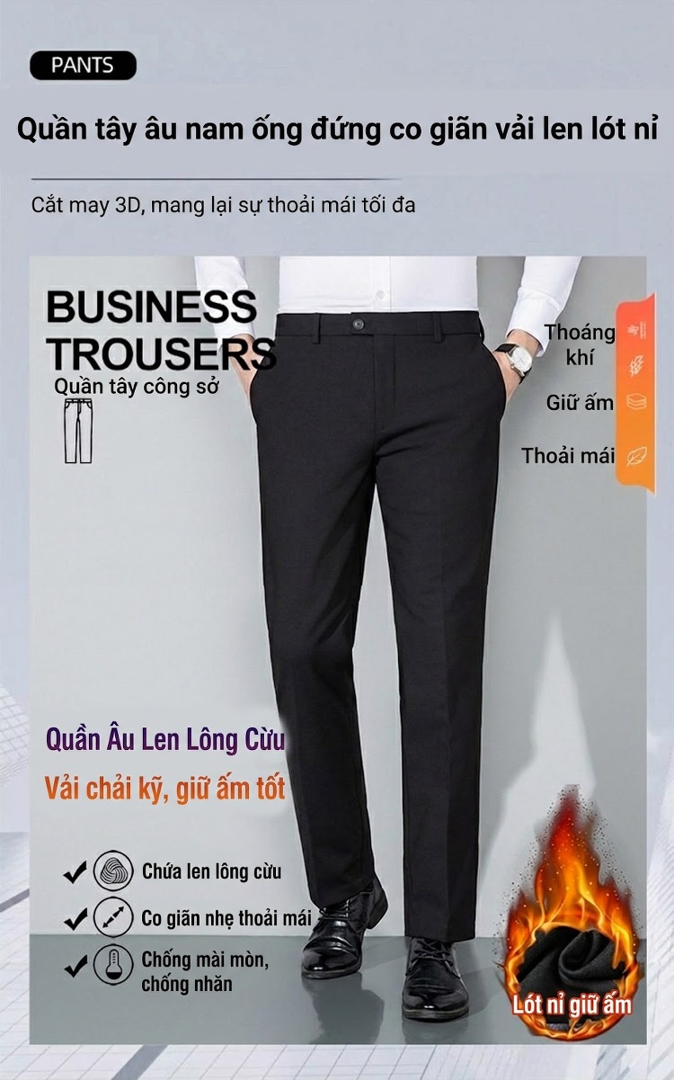 Quần Âu Nam Ống Đứng Lót Lông Cừu Dáng Công Sở Không Nhăn Màu Đen, Xanh Navy chi tiết 1