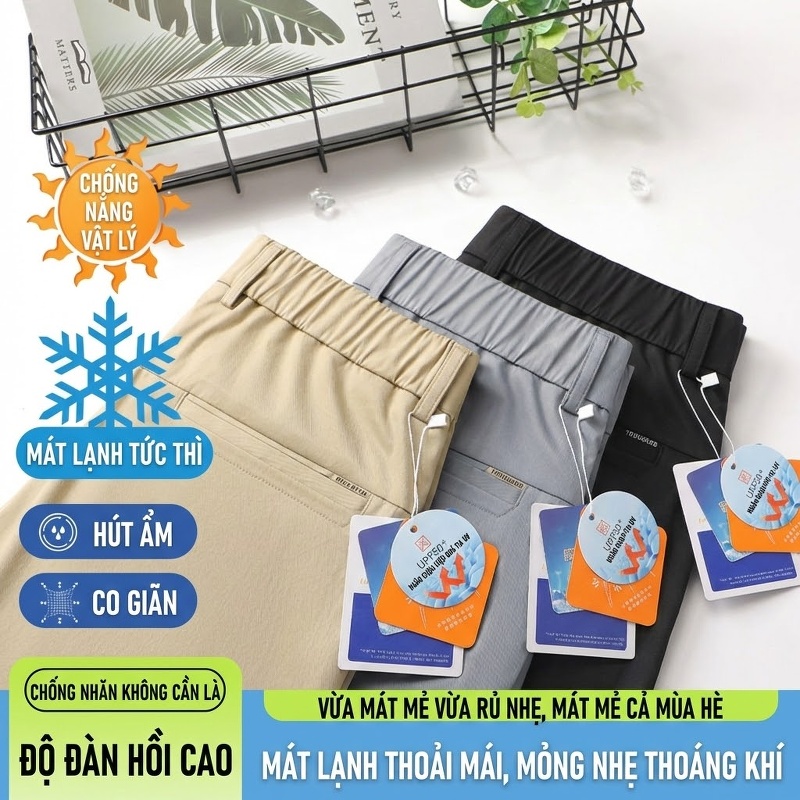 Quần Âu Nam Ống Đứng Mỏng Mát Co Giãn Chống Nhăn Màu Đen, Xám, Be