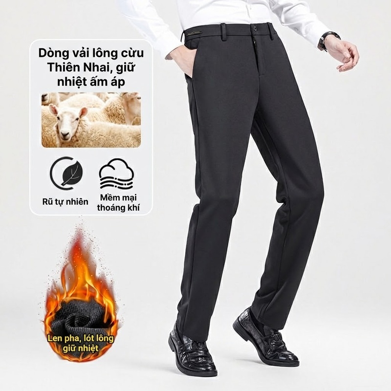 Quần Dài Nam Co Giãn Giữ Nhiệt Lót Lông Cừu Tencel Ống Đứng Màu Đen