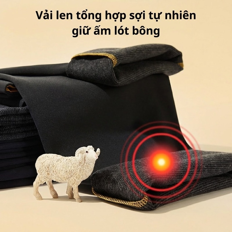 Quần Dài Nam Co Giãn Giữ Nhiệt Lót Lông Cừu Tencel Ống Đứng Màu Đen