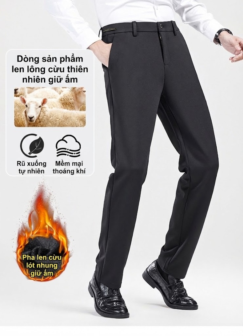 Quần Dài Nam Co Giãn Giữ Nhiệt Lót Lông Cừu Tencel Ống Đứng Màu Đen chi tiết 1