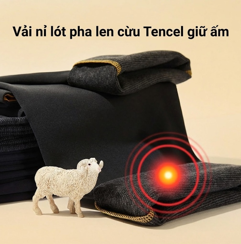 Quần Dài Nam Co Giãn Giữ Nhiệt Lót Lông Cừu Tencel Ống Đứng Màu Đen chi tiết 3