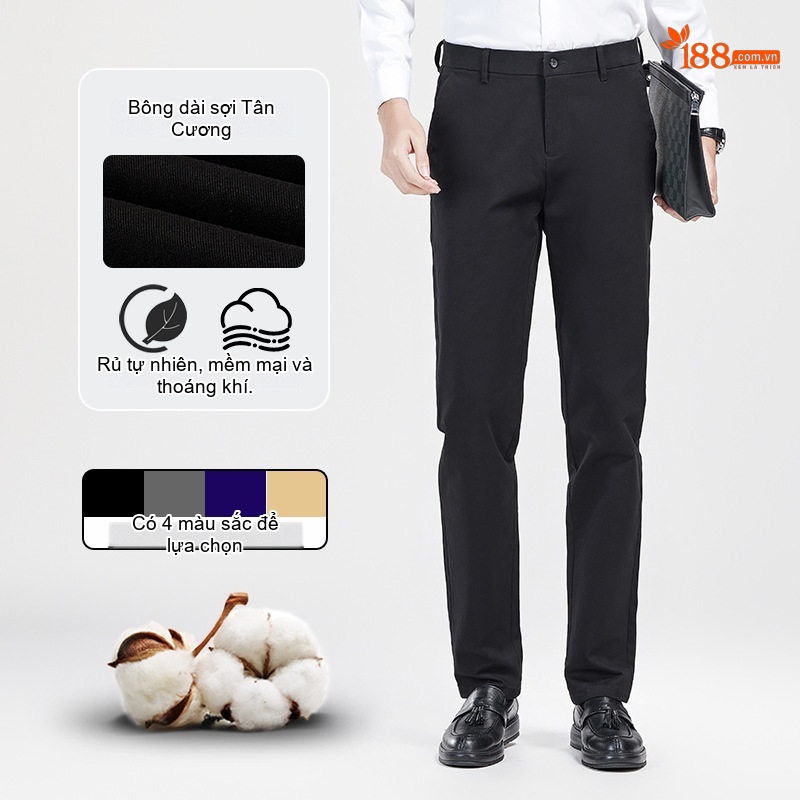 Quần Dài Nam Cotton Dài Sợi Tân Cương Co Giãn Dáng Ôm Vừa Màu Đen, Xám, Xanh Navy, Vàng Be