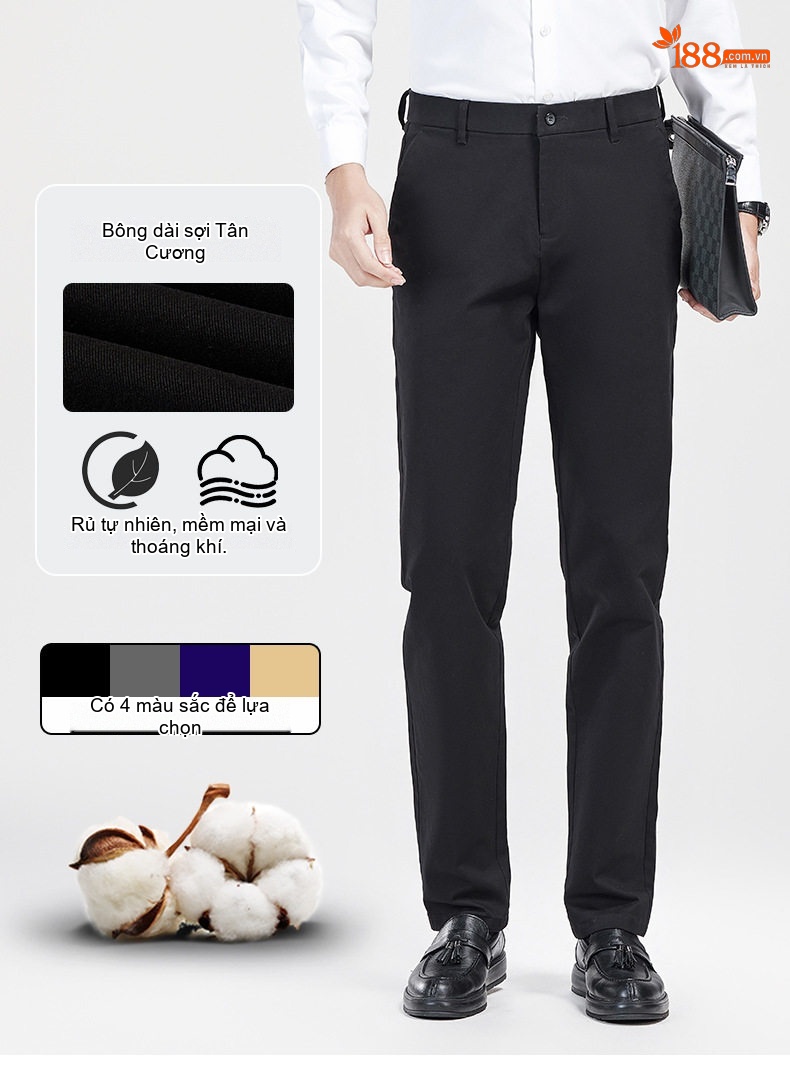 Quần Dài Nam Cotton Dài Sợi Tân Cương Co Giãn Dáng Ôm Vừa Màu Đen, Xám, Xanh Navy, Vàng Be chi tiết 1