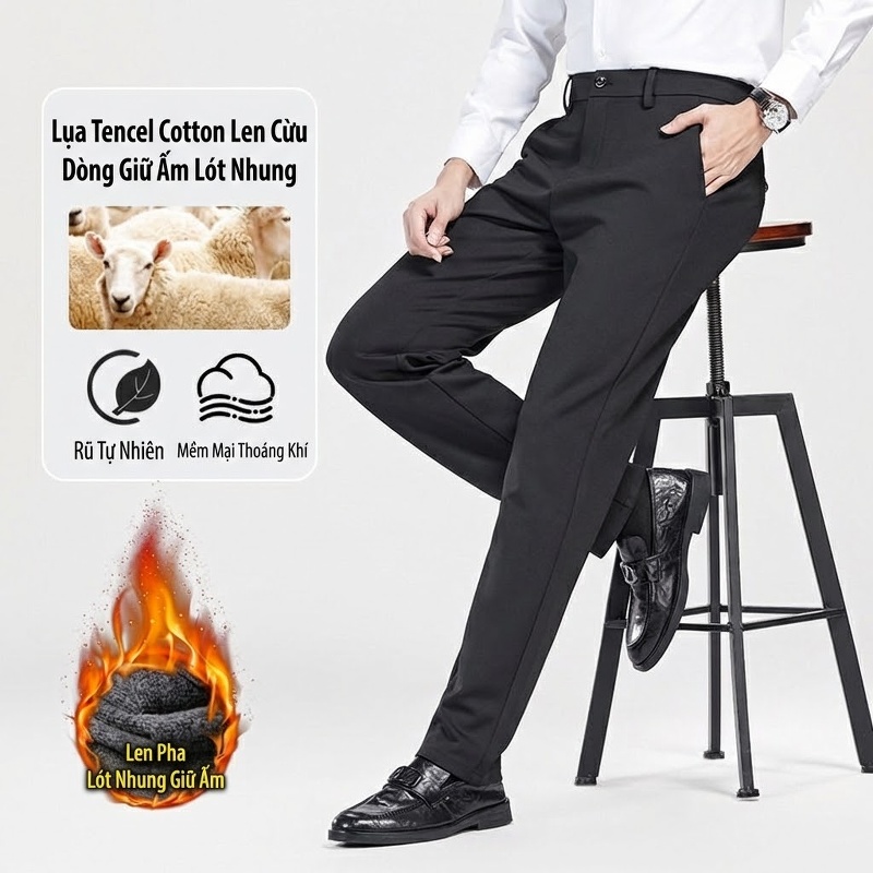 Quần Dài Nam Lót Lông Cừu Non Dày Dặn Co Giãn Kiểu Dáng Ôm Vừa Màu Đen, Xám, Xanh Navy