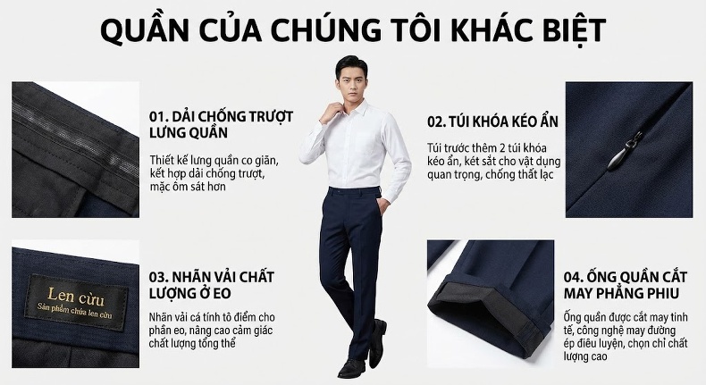 Quần Dài Nam Lót Lông Cừu Non Dày Dặn Co Giãn Kiểu Dáng Ôm Vừa Màu Đen, Xám, Xanh Navy chi tiết 7