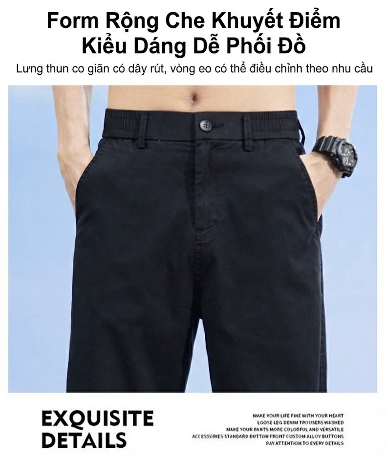 Quần Dài Nam Lưng Thun Ống Rộng Lụa Tencel Thoáng Mát Màu Đen, Xám, Xanh Lam chi tiết 5