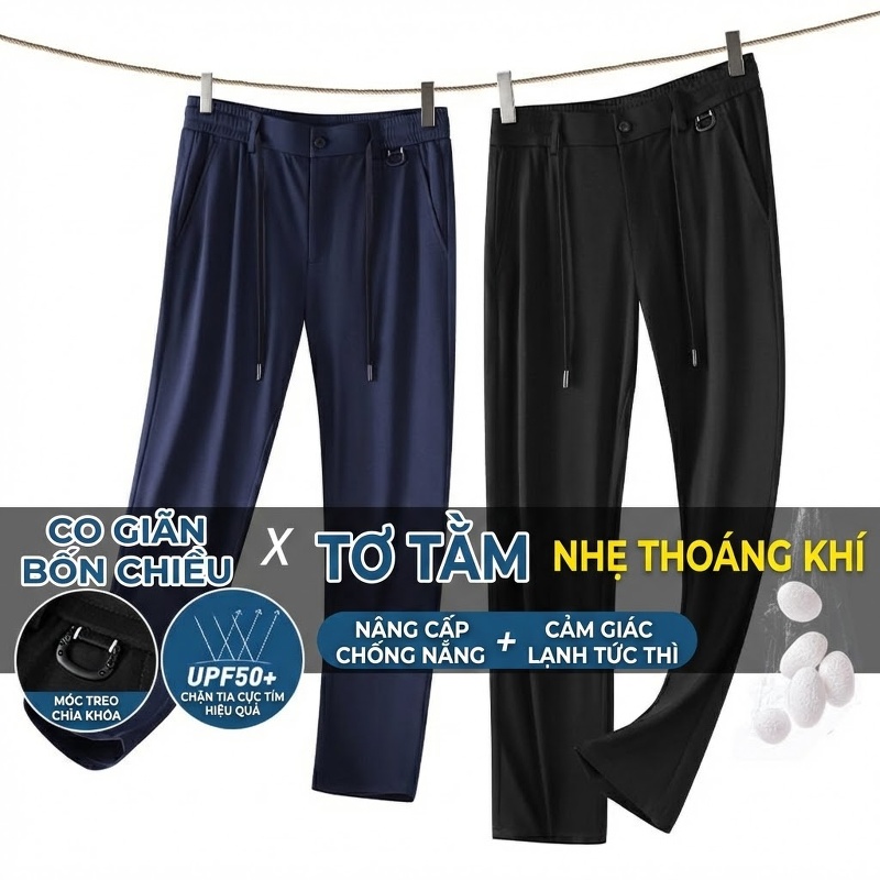 Quần Dài Nam Mẫu Mới 2025 Ống Đứng Vải Co Giãn Thoáng Mát Chống Nhăn Màu Đen, Xanh Navy, Kem, Xám