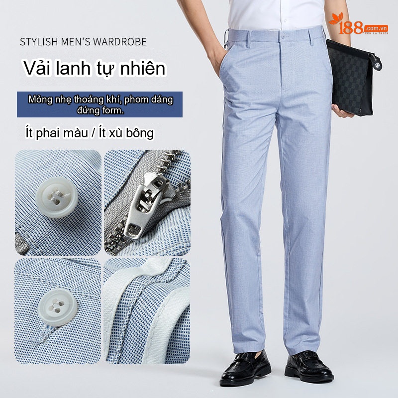 Quần Dài Nam Mỏng Mát Dáng Suông Vải Lanh Phong Cách Công Sở Màu Xanh, Kem, Xám