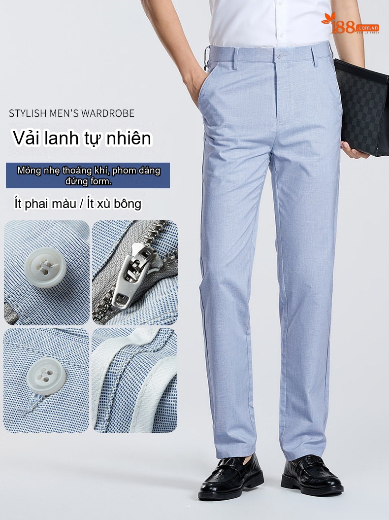 Quần Dài Nam Mỏng Mát Dáng Suông Vải Lanh Phong Cách Công Sở Màu Xanh, Kem, Xám chi tiết 2