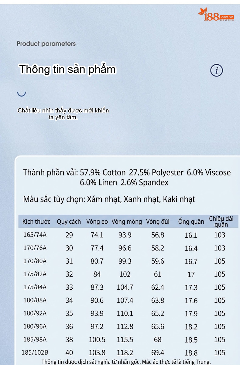 Quần Dài Nam Mỏng Mát Dáng Suông Vải Lanh Phong Cách Công Sở Màu Xanh, Kem, Xám chi tiết 9