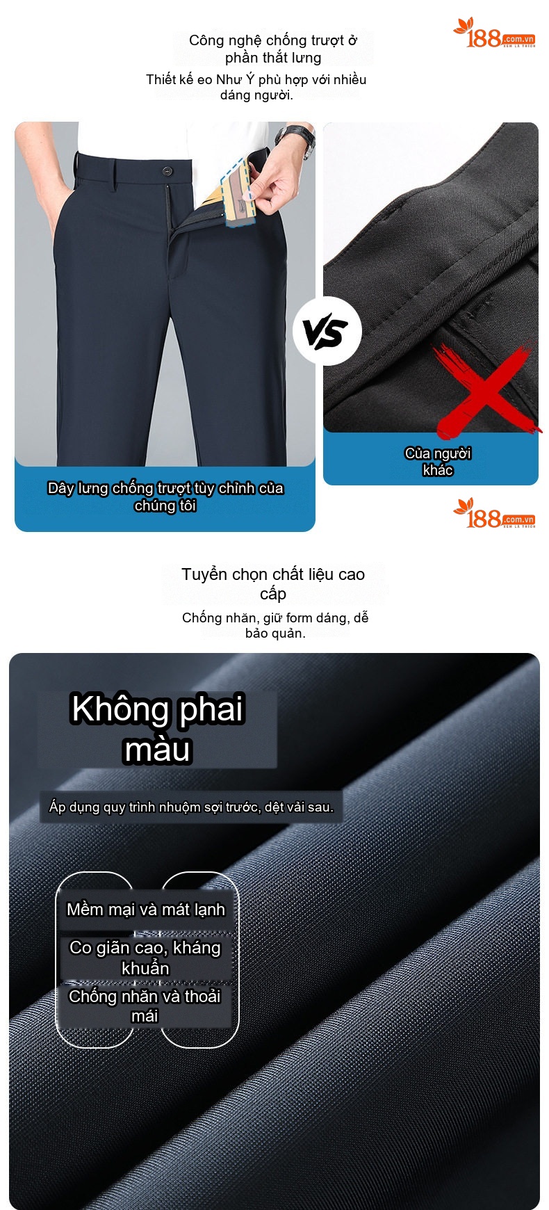 Quần Dài Nam Mùa Hè Mỏng Mát Cao Cấp Chống Nhăn Dáng Ôm Vừa Vặn Màu Đen, Xanh Navy, Kem, Xám... chi tiết 3