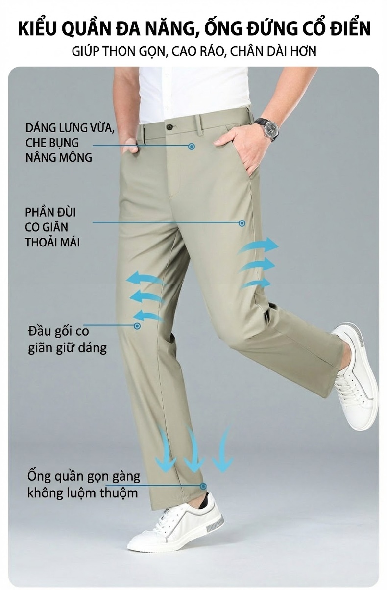 Quần Dài Nam Mùa Hè Mỏng Mát Cao Cấp Chống Nhăn Dáng Ôm Vừa Vặn Màu Đen, Xanh Navy, Kem, Xám... chi tiết 8
