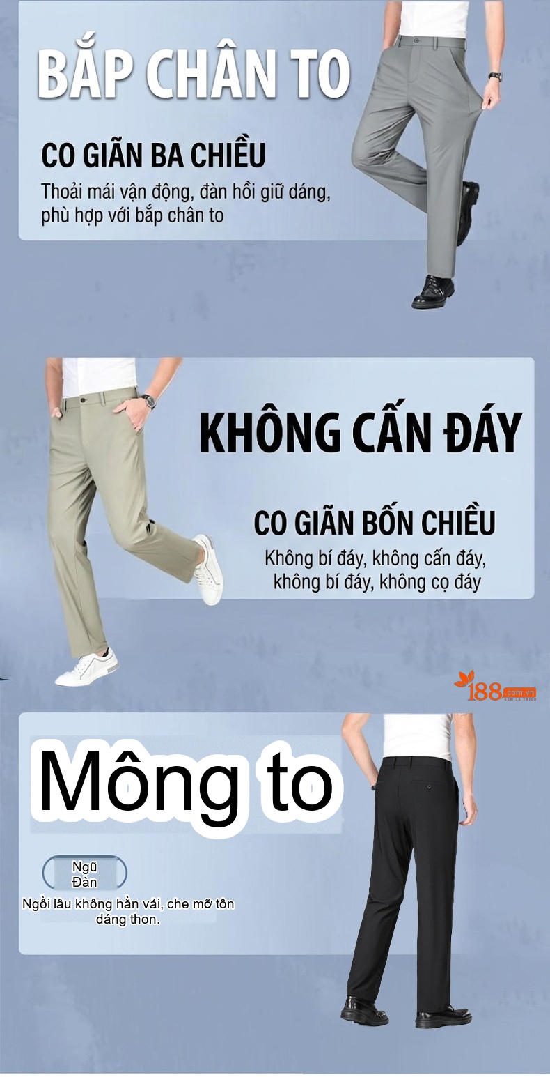 Quần Dài Nam Mùa Hè Mỏng Mát Cao Cấp Chống Nhăn Dáng Ôm Vừa Vặn Màu Đen, Xanh Navy, Kem, Xám... chi tiết 11