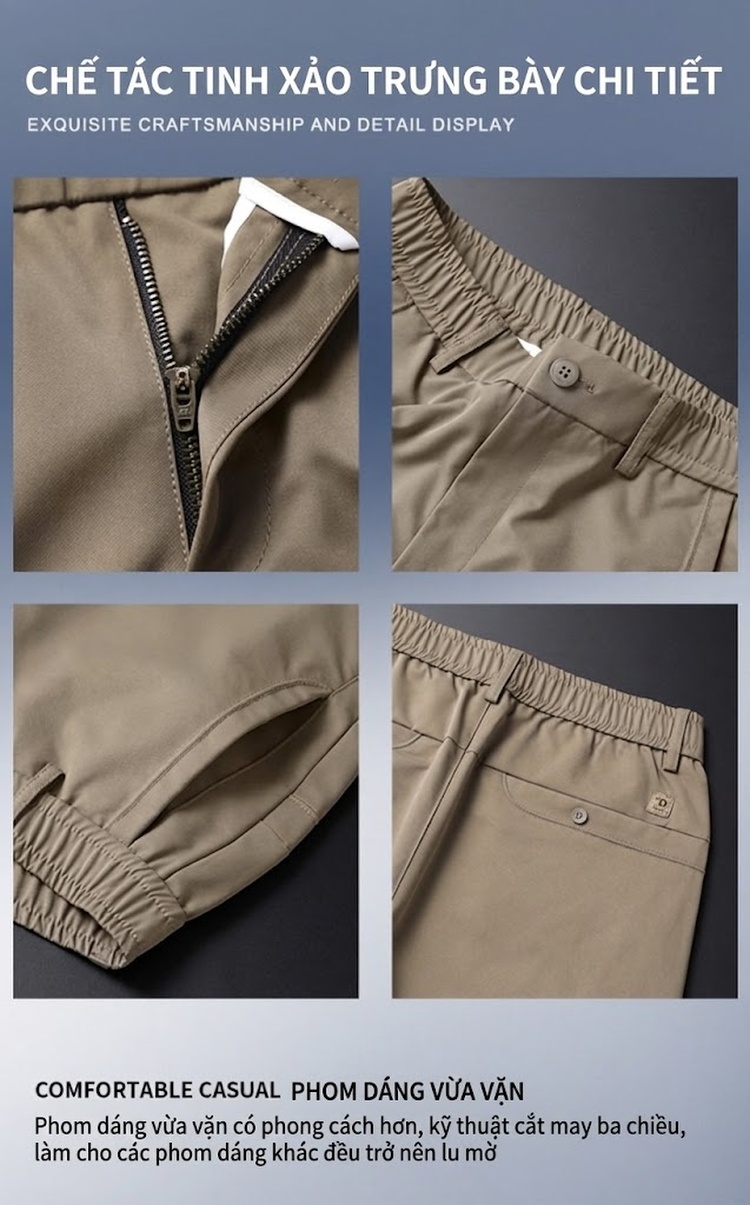 Quần Dài Nam Ống Đứng Dáng Suông Cotton Co Giãn Thoải Mái Màu Be, Xám, Đen chi tiết 3