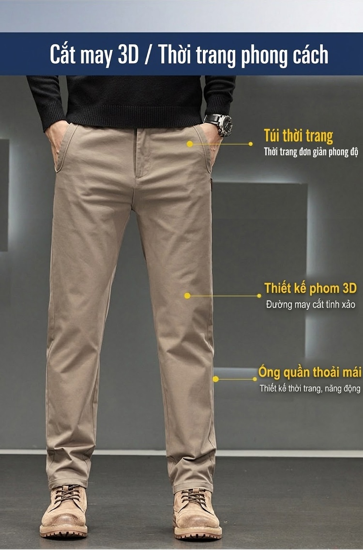 Quần Dài Nam Ống Đứng Dáng Suông Cotton Co Giãn Thoải Mái Màu Be, Xám, Đen chi tiết 5