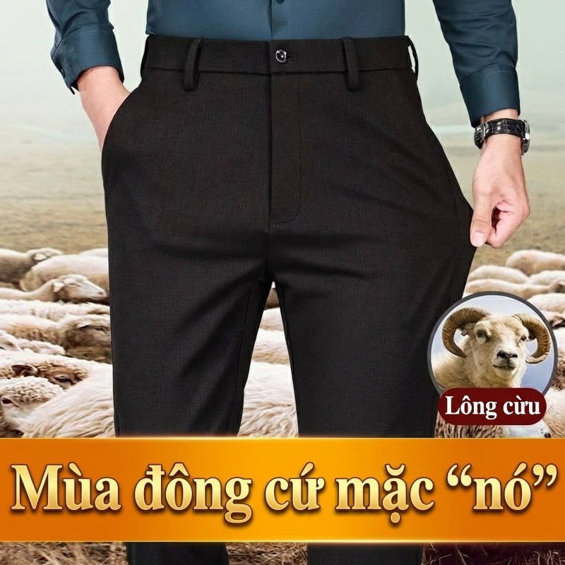 Quần Dài Nam Ống Đứng Lông Cừu Co Giãn Tốt Màu Đen, Xám