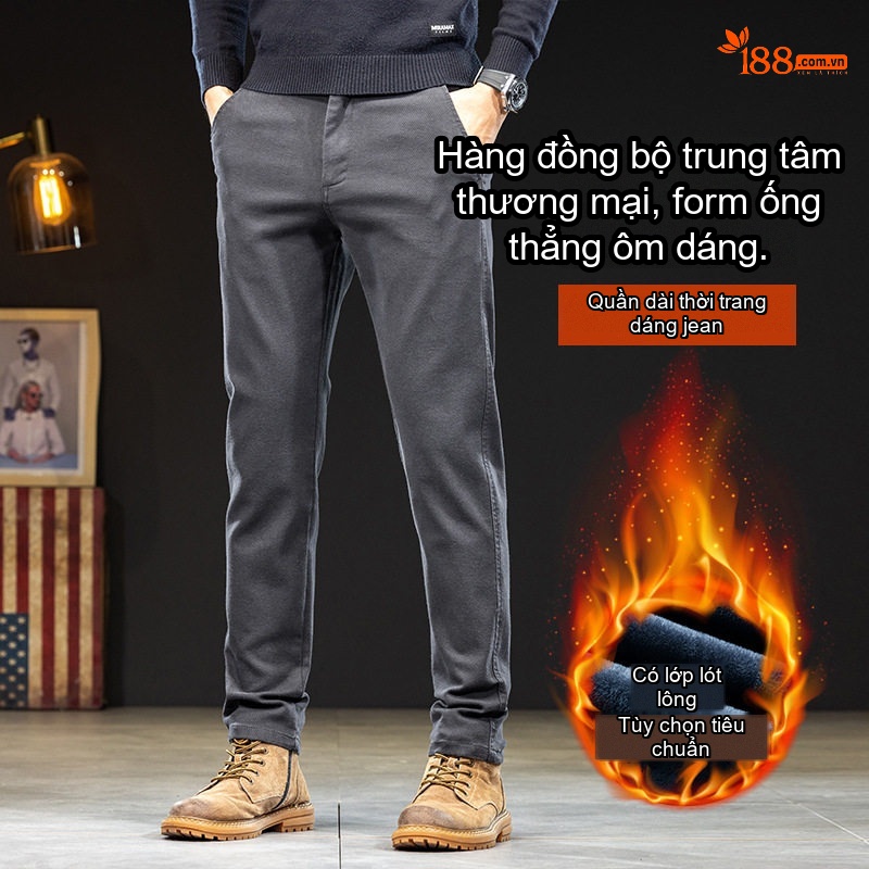 Quần Dài Nam Ống Đứng Lót Lông Thu Đông Màu Xám, Nâu, Đen