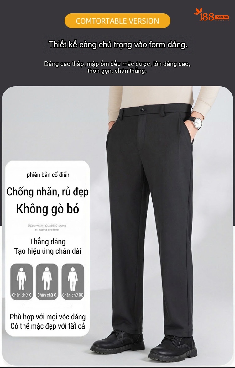 Quần Dài Nam Ống Đứng Lưng Thun Thoải Mái Phong Cách Công Sở Màu Đen, Nâu, Xám chi tiết 6