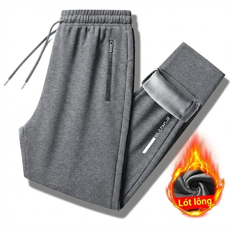 Quần ống đứng lót lông cừu màu xám