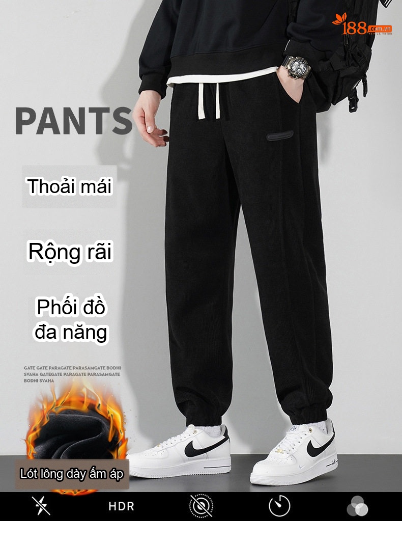 Quần Dài Ống Bo Nam Lót Lông Dày Dặn Vải Nhung Tăm Màu Đen, Xám, Kem, Nâu chi tiết 1