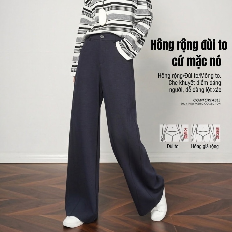 Quần Dài Ống Rộng Nữ Lông Cừu Thu Đông Dáng Suông Màu Trắng Kem, Xanh Navy, Xám, Nâu
