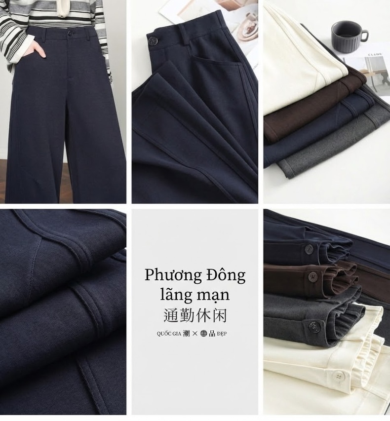 Quần Dài Ống Rộng Nữ Lông Cừu Thu Đông Dáng Suông Màu Trắng Kem, Xanh Navy, Xám, Nâu chi tiết 1